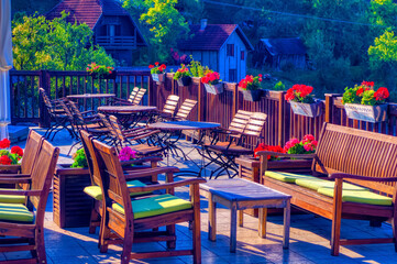 Caffe bar garden at Timber Town in Mokra Gora, Serbia.
