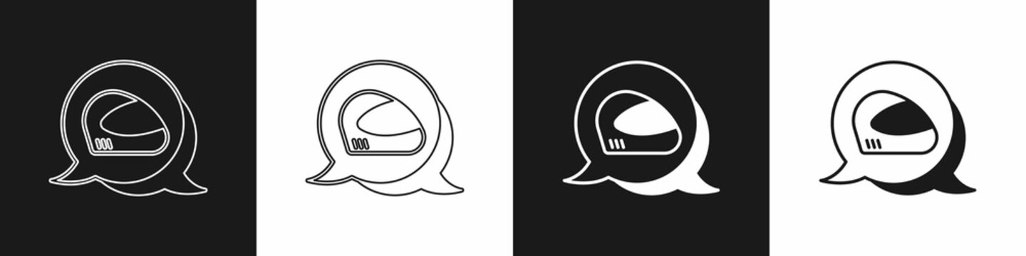 Set Racing helmet icon isolated on black and white background. Extreme sport. Sport equipment. Vector