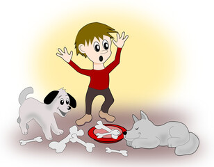 A man who seems to be shocked when he sees how much the dogs have eaten.
