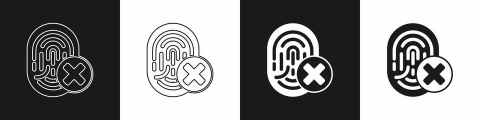 Set Cancelled fingerprint icon isolated on black and white background. Access denied for user concept. Error, fraud. Identification sign. Touch id. Vector