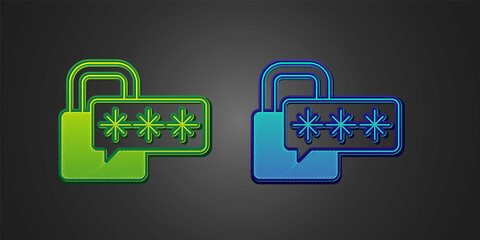 Fototapeta premium Green and blue Cyber security icon isolated on black background. Closed padlock on digital circuit board. Safety concept. Digital data protection. Vector