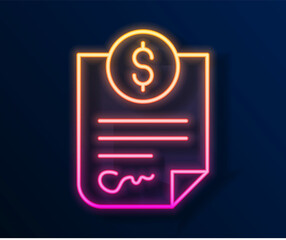 Glowing neon line Contract money icon isolated on black background. Banking document dollar file finance money page. Vector