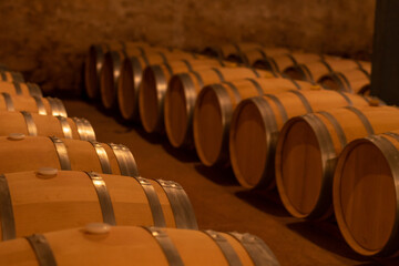 wine barrels lined up in a wine cellar