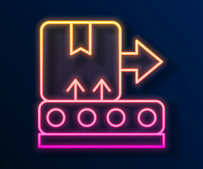 Glowing neon line Conveyor belt with cardboard box icon isolated on black background. Vector