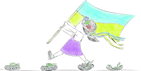 A brave Ukrainian girl holds a flag and destroys tanks. Vector illustration. A woman is sad, feeling despair and anxiety because of a military conflict