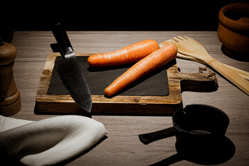 stone and wood board with carrots and knife. kitchen tools, cloths and saucepan
