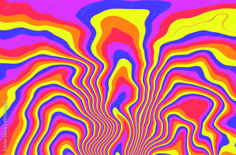 Poster trippy glitch background in style of psychedelic 60s and 70s parties with bright acidic rainbow colo