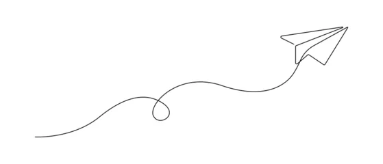 Foto op Plexiglas Een lijn Continu één lijntekening van opvliegend papieren vliegtuigje. Creatief bedrijfsconcept voor opstarten en vrijheid en reizen van ambachtelijk vliegtuig in eenvoudige lineaire stijl. Bewerkbare slag. Doodle vectorillustratie