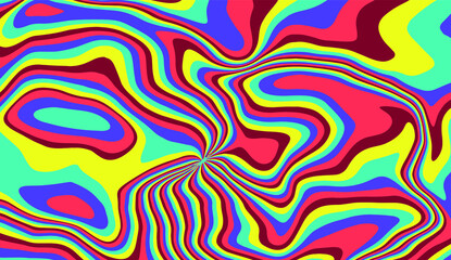Trippy glitch background in style of psychedelic 60s and 70s parties with bright acidic rainbow colors and a winding geometric wavy pattern.