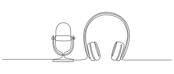Continuous one line drawing of headphones speaker and microphone for podcast web banner. Music gadget mic and earphones devices in simple linear style. Editable stroke. Doodle vector illustration