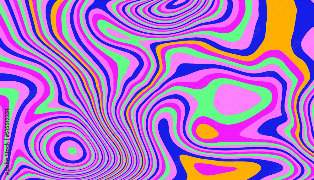 Poster trippy glitch background in style of psychedelic 60s and 70s parties with bright acidic rainbow colo