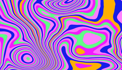 Trippy glitch background in style of psychedelic 60s and 70s parties with bright acidic rainbow colors and a winding geometric wavy pattern.