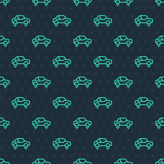 Green line Fantastic flying car icon isolated seamless pattern on blue background. Hover car future technology future transport. Vector