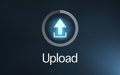 illustrated glowing upload arrow icon with loading circle in front a dark blue gradient background and lettering 