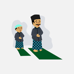 Muslim father and son praying together 