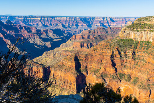 Oza Butte and Manu Temple Beyond Ledge of Kaibab Limestone, Bright Angel Point Trail, North Rim, Grand Canyon National Park, Arizona, USA
