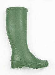 Generic green rubber wellington 'welly' boot shot sideways on against a white background.