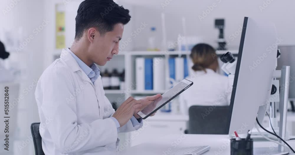 Poster Pathologist, biochemist and genetic engineer using technology to record test results. Scientist using digital tablet and computer to research monkeypox virus while working on a cure in a laboratory.