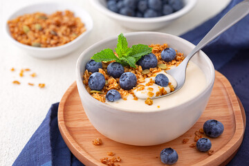 Plant based vanilla almond milk yogurt with granola and blueberries