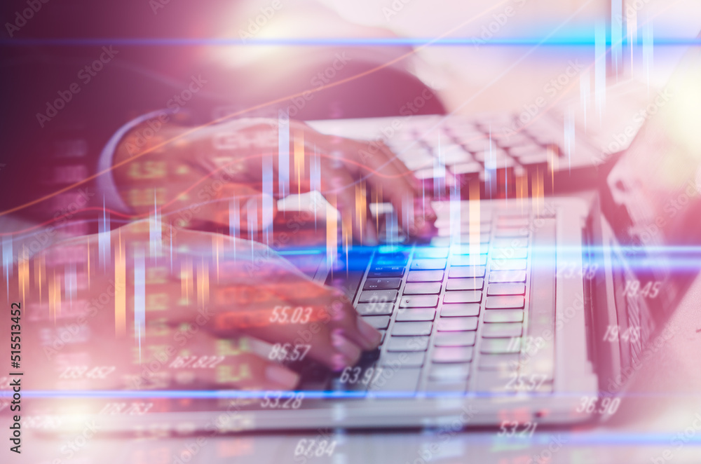 Poster businessman hand using laptop computer typing keyboard analysis and economic growth big data stock m