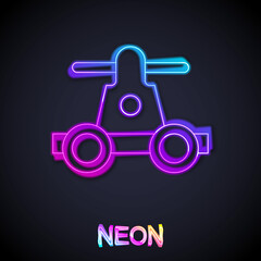 Glowing neon line Draisine handcar railway bicycle transport icon isolated on black background. Vector