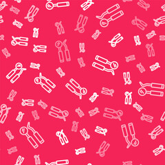 Obraz premium White line Dental inspection mirror and probe icon isolated seamless pattern on red background. Explorer scaler. Tool dental checkup. Vector