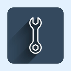 White line Wrench spanner icon isolated with long shadow background. Spanner repair tool. Service tool symbol. Blue square button. Vector