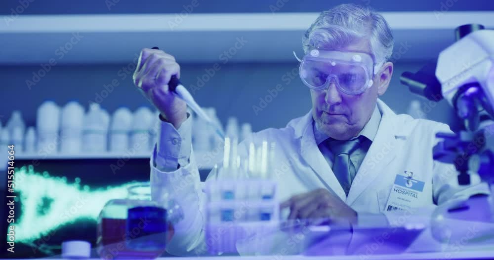 Poster mature laboratory scientist using a pipette dropper to fill test monkeypox tubes and examine chemica