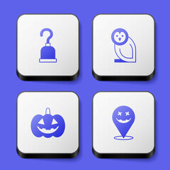Set Pirate hook, Owl bird, Pumpkin and Happy Halloween holiday icon. White square button. Vector