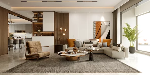 Fotobehang 3d render of luxury home interior, living room © murattellioglu