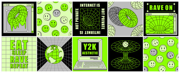 Y2K Rave brutalist stickers, social media posts.Acid trippy square posters with psychedelic wireframe shapes.Abstract Trendy modern prints with simple graphic forms.Weird 00s style seamless patterns.