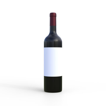 Wine bottle with white label on a white background. Front view. Minimal concept. 3D rendering illustration