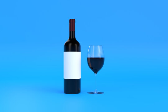 Wine bottle with wine glass on a blue background. Minimal concept. 3D rendering illustration