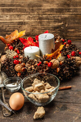 Autumn baking concept. Kitchen utensil, set of ingredients, seasonal decor