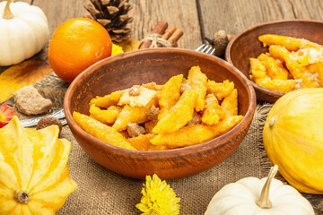 Pumpkin gnocchi or Italian dumplings. Healthy vegetarian squash dish with cottage cheese