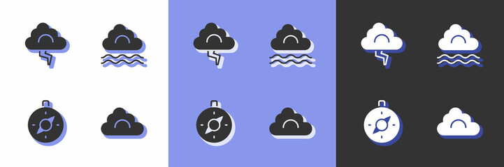 Set Cloud, and lightning, Compass and Fog cloud icon. Vector