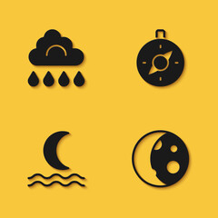 Set Cloud with rain, Moon phases, Night fog or smoke and Compass icon with long shadow. Vector
