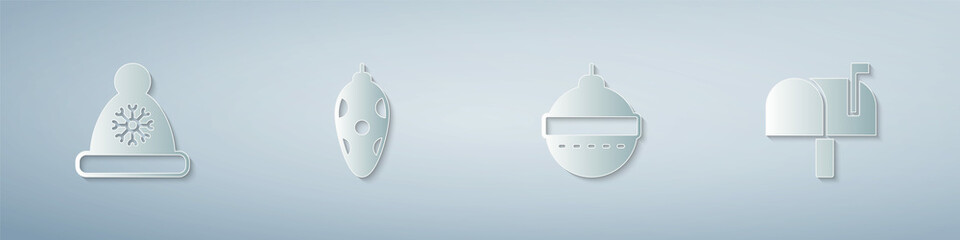 Set Christmas Santa Claus hat, toy, ball and Mail box. Paper art style. Vector