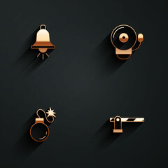 Set Ringing alarm bell, Bomb and Parking car barrier icon with long shadow. Vector