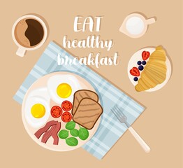 Eat healthy breakfast. Poster with scrambled eggs, bread, vegetables and bacon on plate, delicious hot coffee and dessert. Healthy lifestyle or diet. Delicious food. Cartoon flat vector illustration
