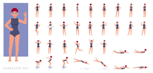 Big Set of Female swimmer character vector design. Presentation in various action with emotions, running, standing and walking.
