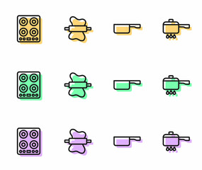 Set line Frying pan, Gas stove, Rolling pin on dough and Cooking pot fire icon. Vector