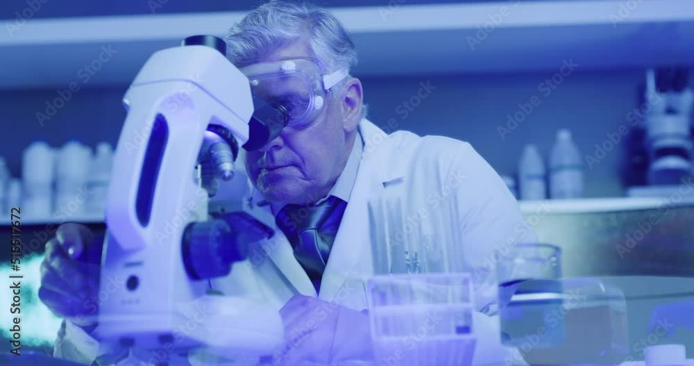 Poster mature medical scientist using microscope to examine monkeypox or corona virus samples in ultraviole