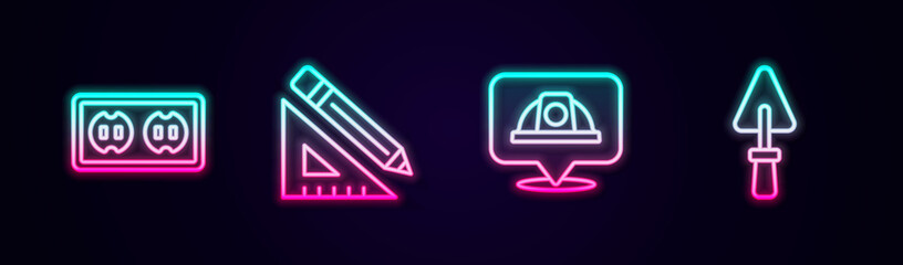 Set line Electrical outlet, Triangular ruler and pencil, Worker safety helmet and Trowel. Glowing neon icon. Vector