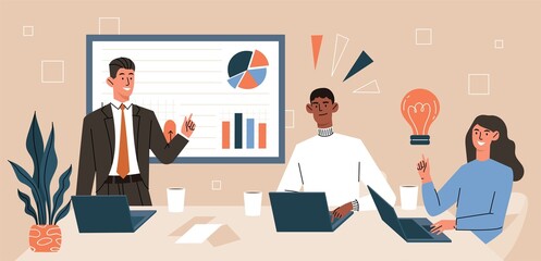 Meeting in office. Boss gives task to subordinates, workflow. Brainstorming, analytical department conducts marketing research. Employees evaluate graphs and charts. Cartoon flat vector illustration