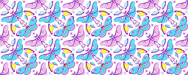 Fototapeta na wymiar Moth and magic butterflies on Celestial seamless backgrounds. Cosmic Vibrant colorful wallpaper. Backdrop for yoga, fabric design, witchcraft digital or wrapping paper