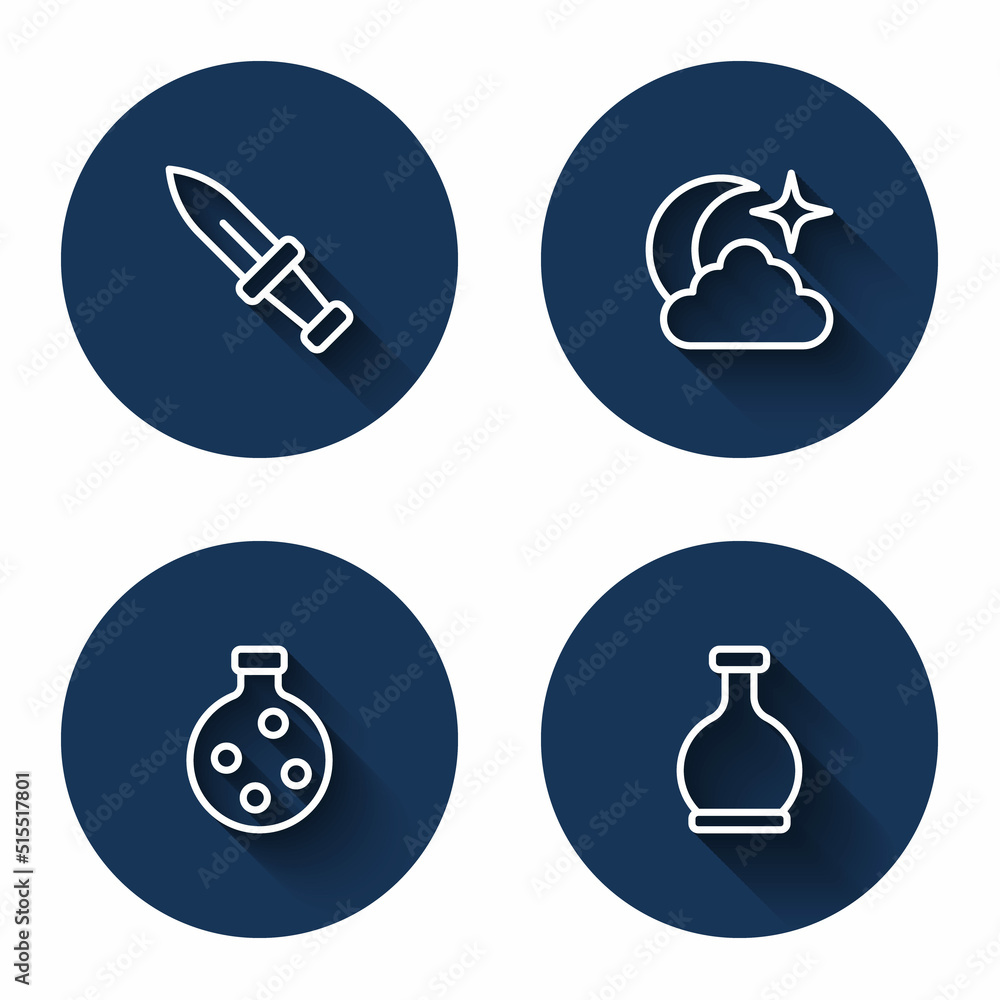 Poster set line dagger, moon and stars, bottle with potion and with long shadow. blue circle button. vector