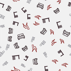 Set line Big bed, Office desk, Furniture nightstand with lamp and Armchair on seamless pattern. Vector