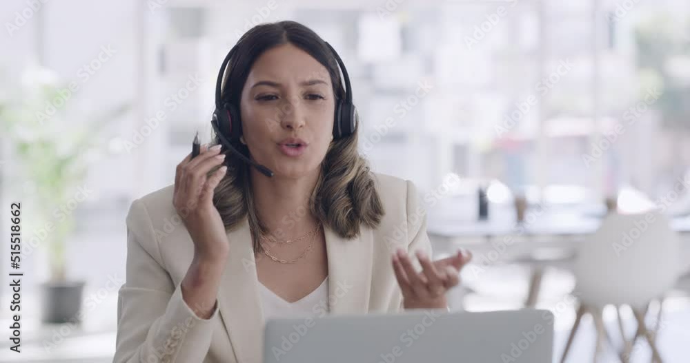 Poster Young female call center agent talking to clients on calls online. Digital advisor consulting and talking with people electronically. Helpline advisor advising customers on products on the internet