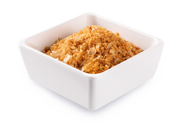 Fried garlic in square bowl isolated on white background.